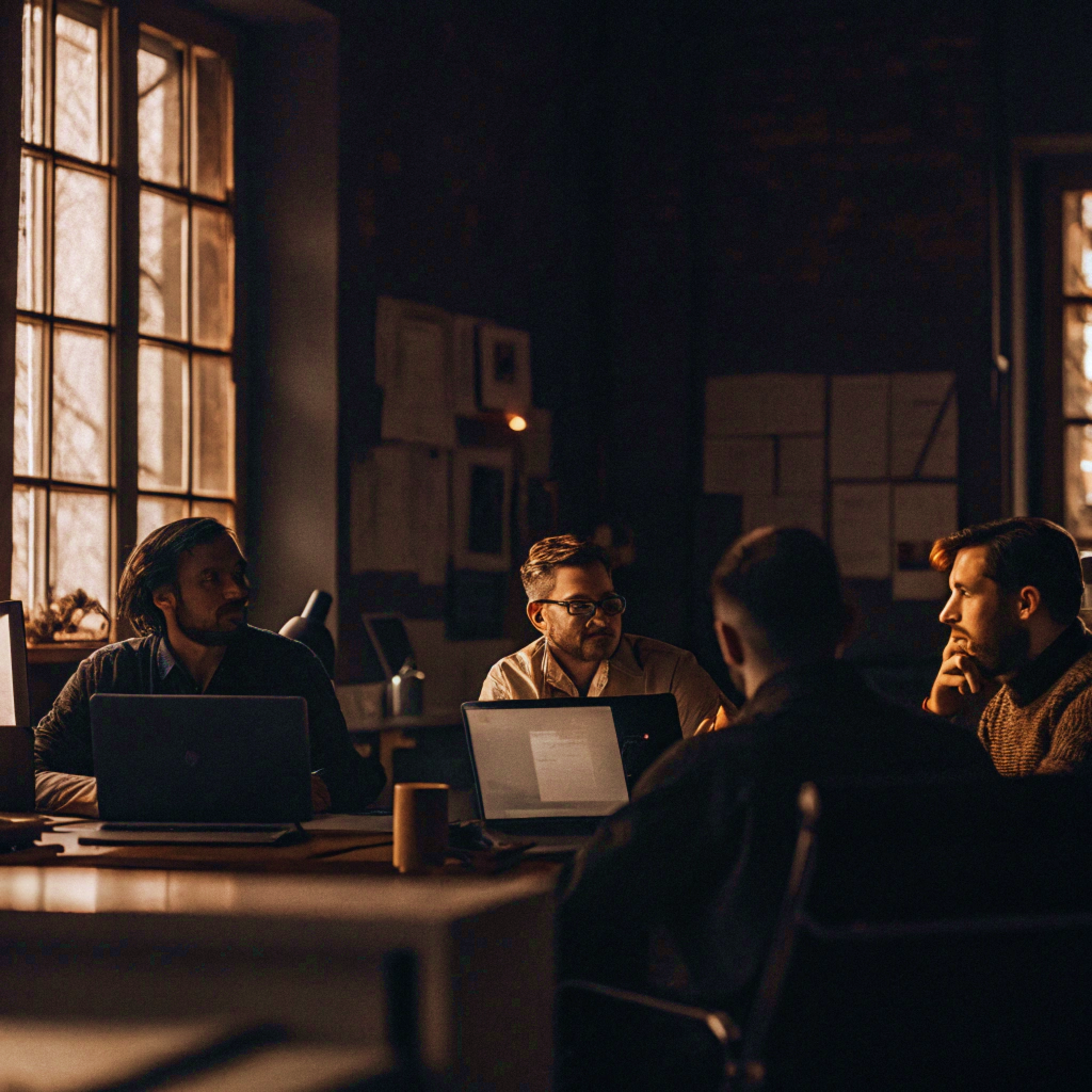 A team of SEO specialists discusses a client's promotion strategy while sitting with laptops in an office setting.